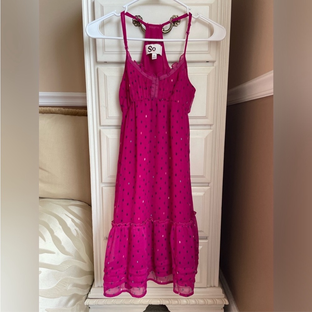 SO Bright Fuchsia Polka Dot Spaghetti Strap Midi Dress